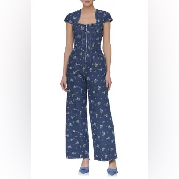 AVEC LES FILLES FLORAL CAPSLEEVE CORSET WILDE LEG DENUM JUMPSUIT SZ 0 $249